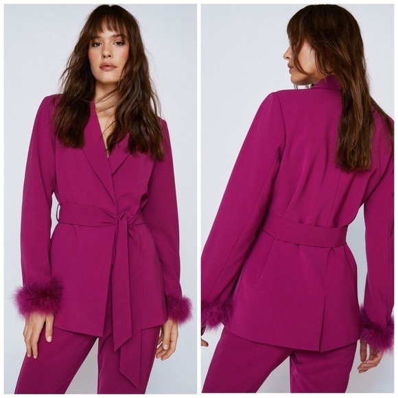 NASTY GAL Feather Cuff Belted Berry Pink Blazer Jacket NWT 20 - Picture 1 of 13